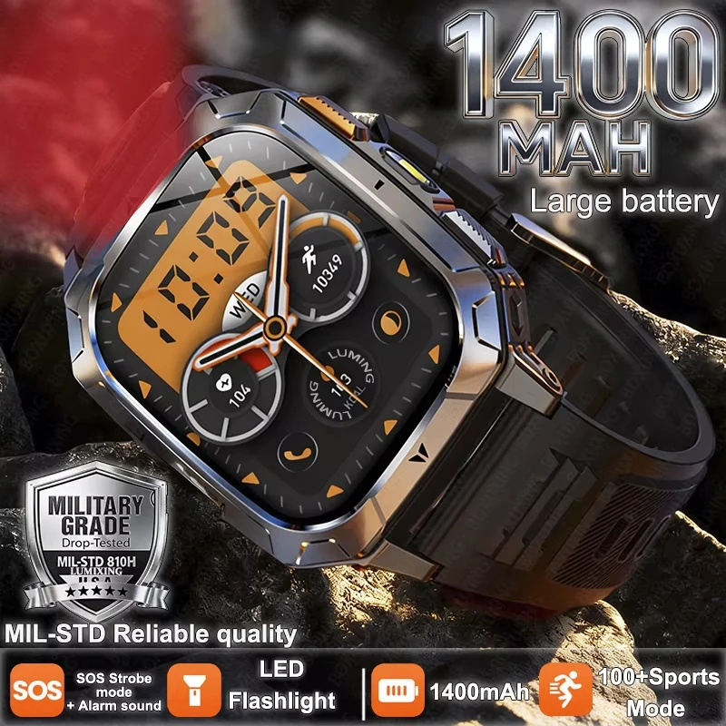 

2026 New Ultra Military Smart Watch 1400mAh Battery 10ATM Waterproof Tactical LED Flashlight Heart Rate Men Outdoor Sports Watch