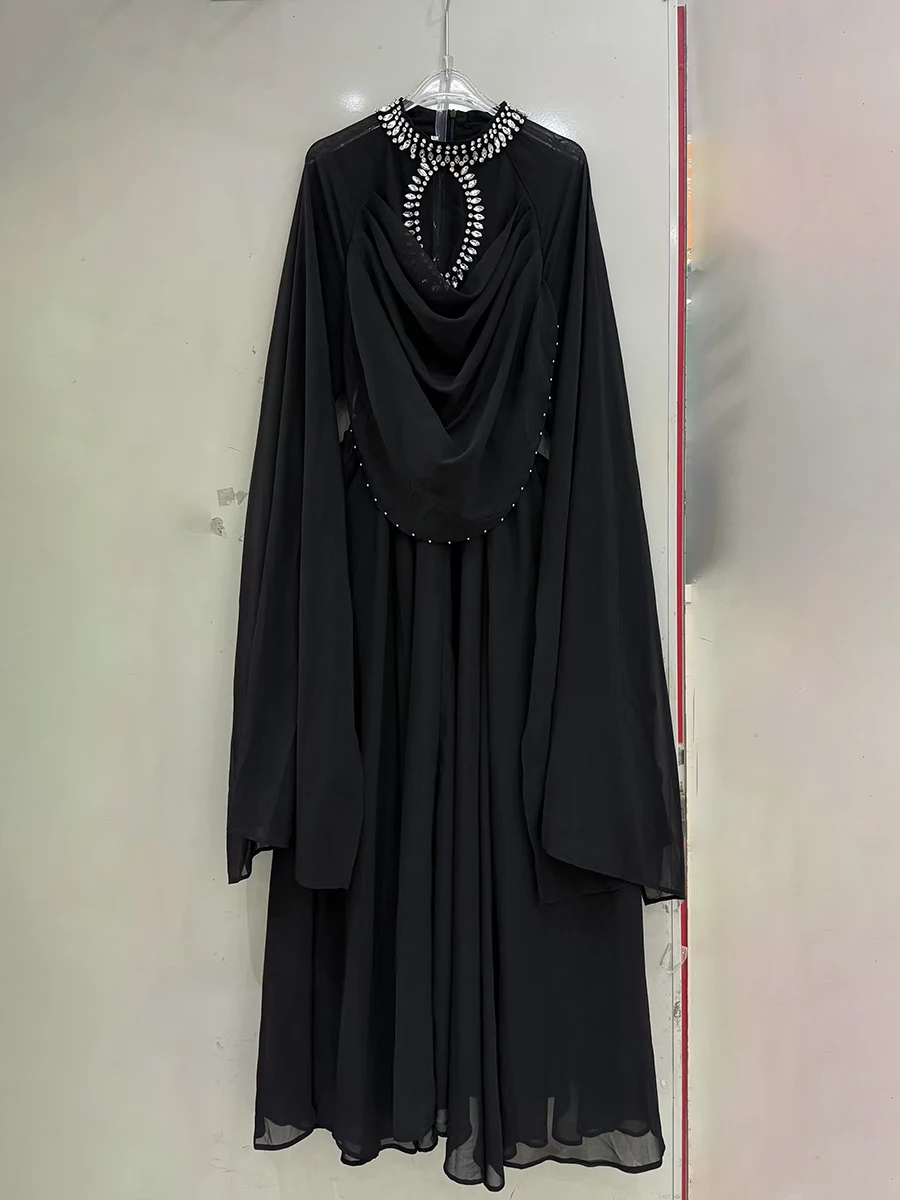 Twotwinstyle ソリッドルーズ薄手のスプライシングビーズエレガントなドレス女性のためのハイネック長袖パッチワークひだドレス女性新