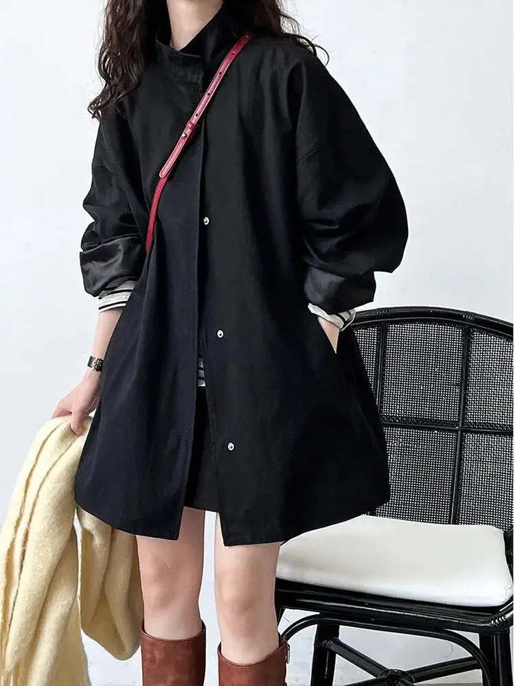 Locker geschnittene Jacke, Oversize, schlichtes Hemd, Basic-Trenchcoat für Damen, mit Revers, einreihig, einfarbig, mit Taschen, Mantel, koreanischer Boyfriend-Stil, Neu. – Detail 13