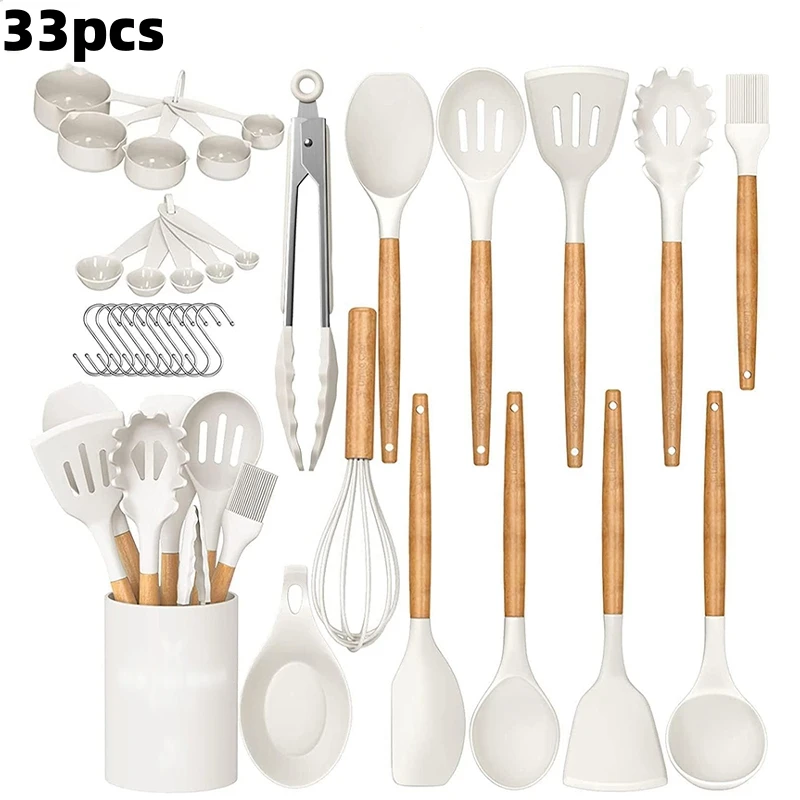 Kitchen Utensils Set with Wooden Handle, Heat Resistance Silicone Spatula, Soup Ladle, Pasta Server, Kitchen Gadgets