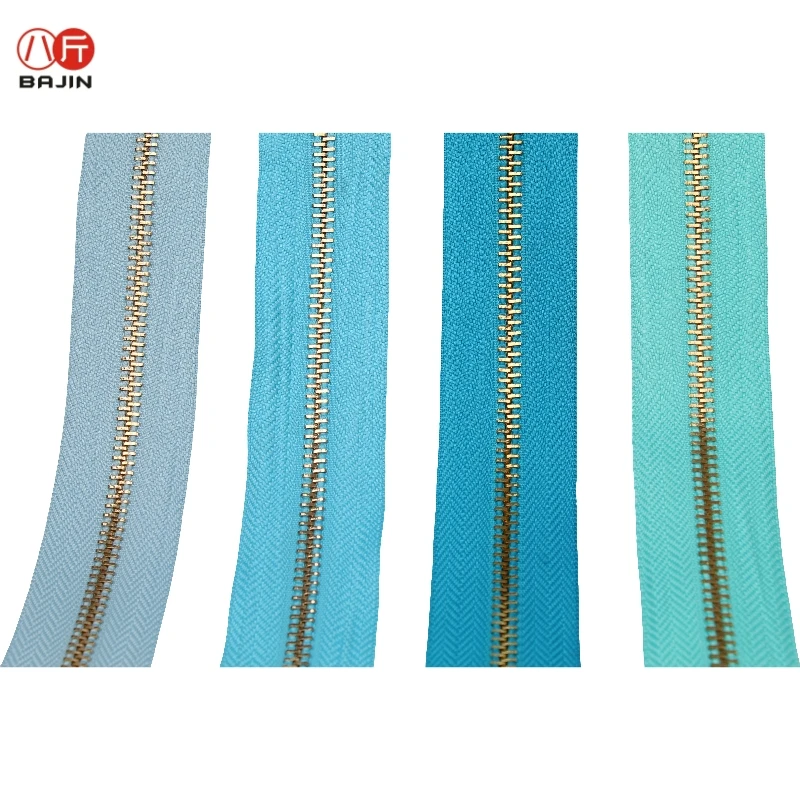 single open-end golden copper chain teeth zipper powder blue azure cyan blue turquoise green military blackish green zipper