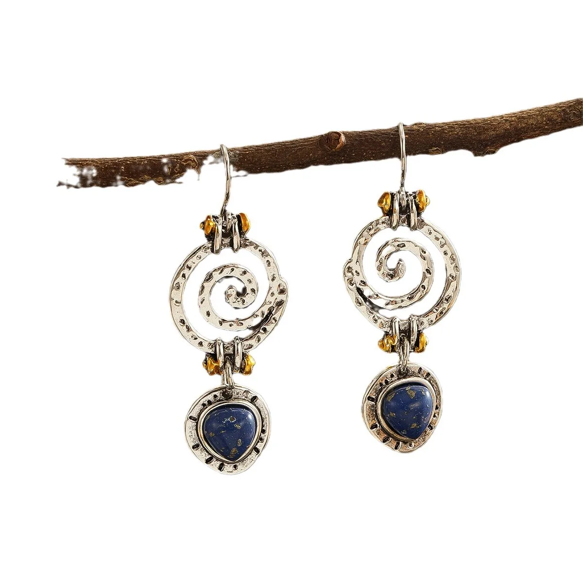 Boho Dangle Earrings Blue Spiral Hollow Stone Antique Tribal Jewelry Women Ethnic Earrings Swirl Antique Silver Color