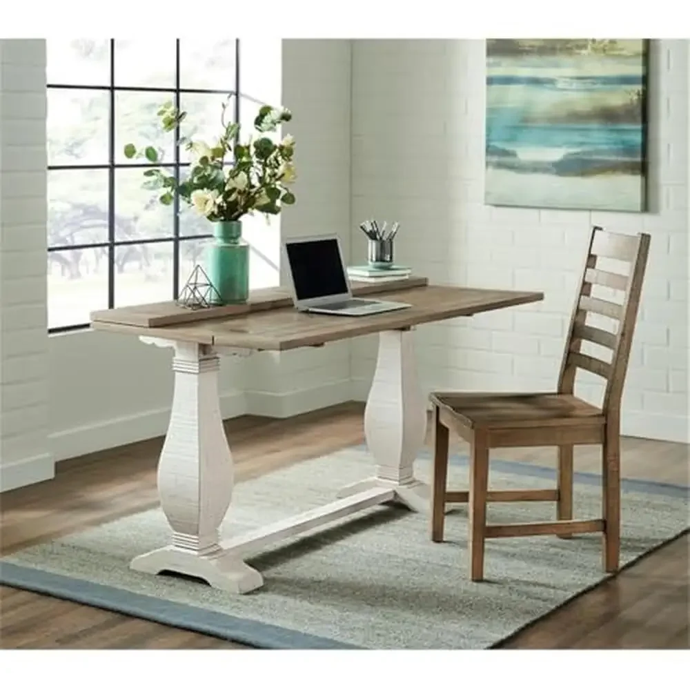 Rustic Flip Top Writing Desk Dining Table Farmhouse Style Natural White Wood 60