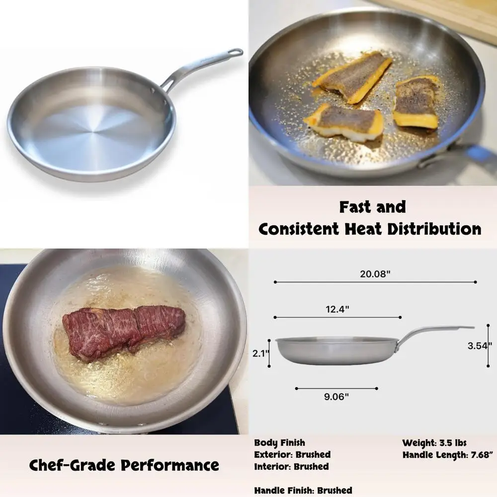 

Stainless Steel 12-Inch 5-Ply Chef's Skillet with Induction Compatibility and Cool Handle Design for Frying Excellence