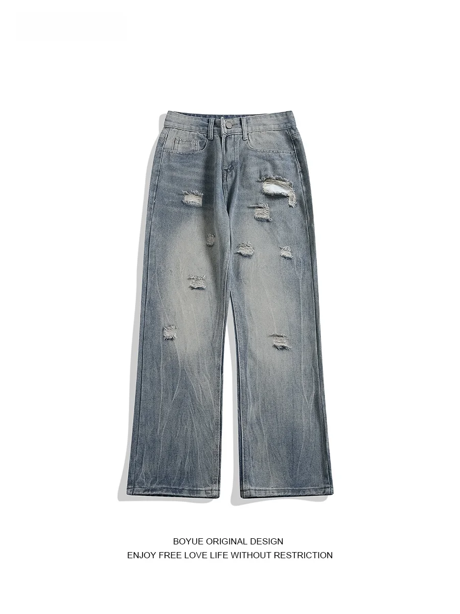 

Boyue American High Street Vibe Men's Jeans Waed Blue Lightning Pattern Slimming Flared Long Trousers Casual Straight Leg J...