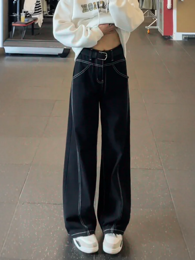 

Черные оригинальные джинсы прямого кроя унисекс в стиле High Street с эффектом удлинения ног, из смесового хлопка, для молодежи