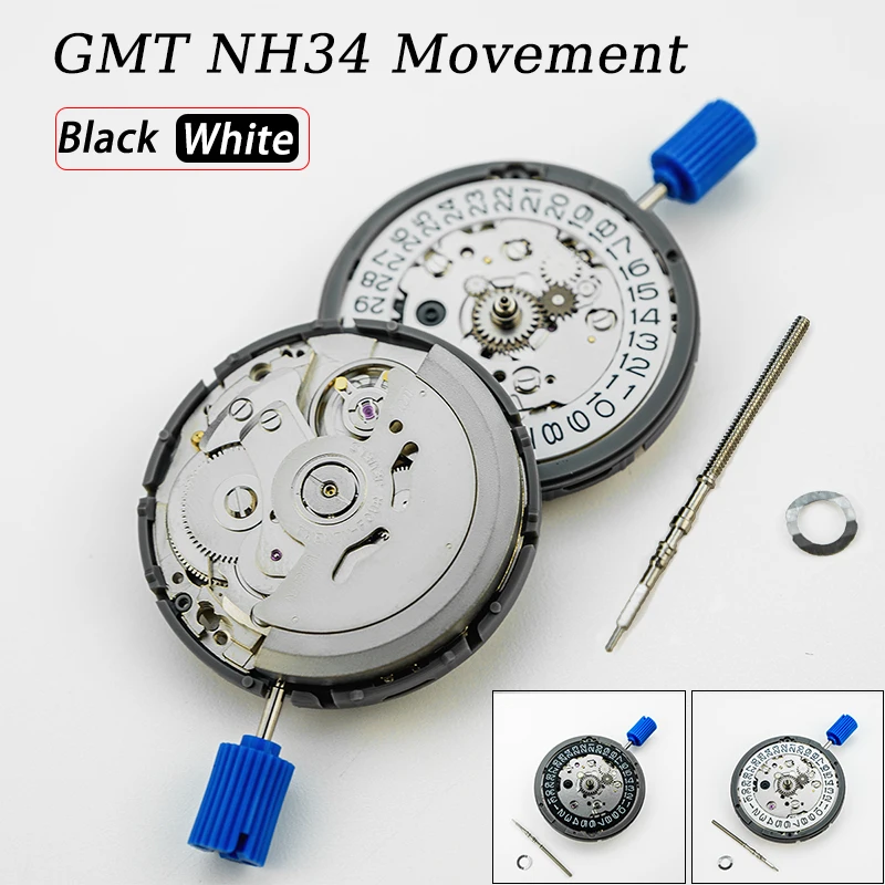 GMT NH34 Automatisches mechanisches Uhrwerk, schwarz, 3/3,8 Stunden Datumsrad, hohe Genauigkeit, 24 Juwelen, NH34A, 4R34, 24-Stunden-Zeiger, GMT-Funktion