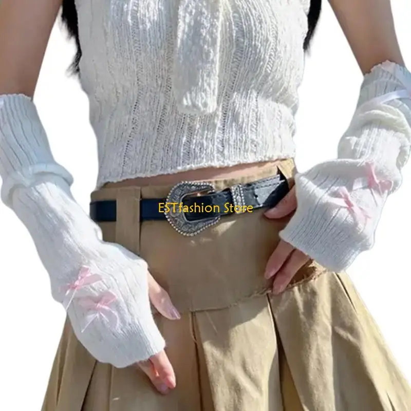 Y5GC 2000s Arm Warmer Knitted Arm Sleeves for Women and Teens Bowknot Mittens Fingerless Arm Covers for Theme Event Gathering