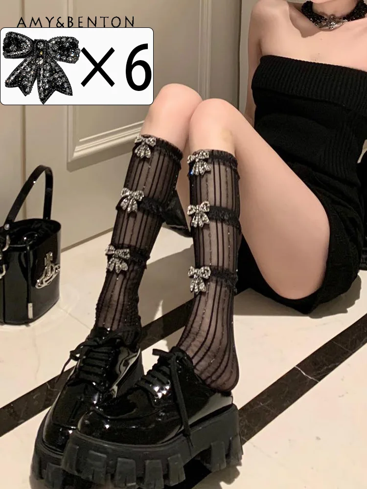 

Sweet Cute Rhinestone Bow Black Compression Socks Lace Stockings Sexy Slim Goth Knee High Socks Y2K Lolita Thigh High Socks