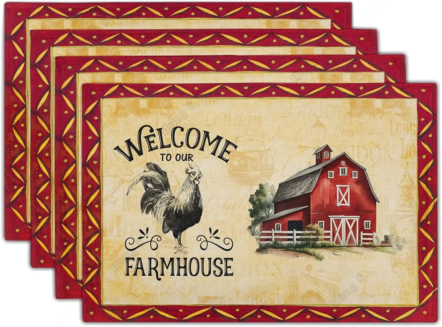 Rooster Chicken Placemats Welcome To Our Farmhouse Linen Place Mat Vintage Animal Farm Decorative Washable Non Slip Table