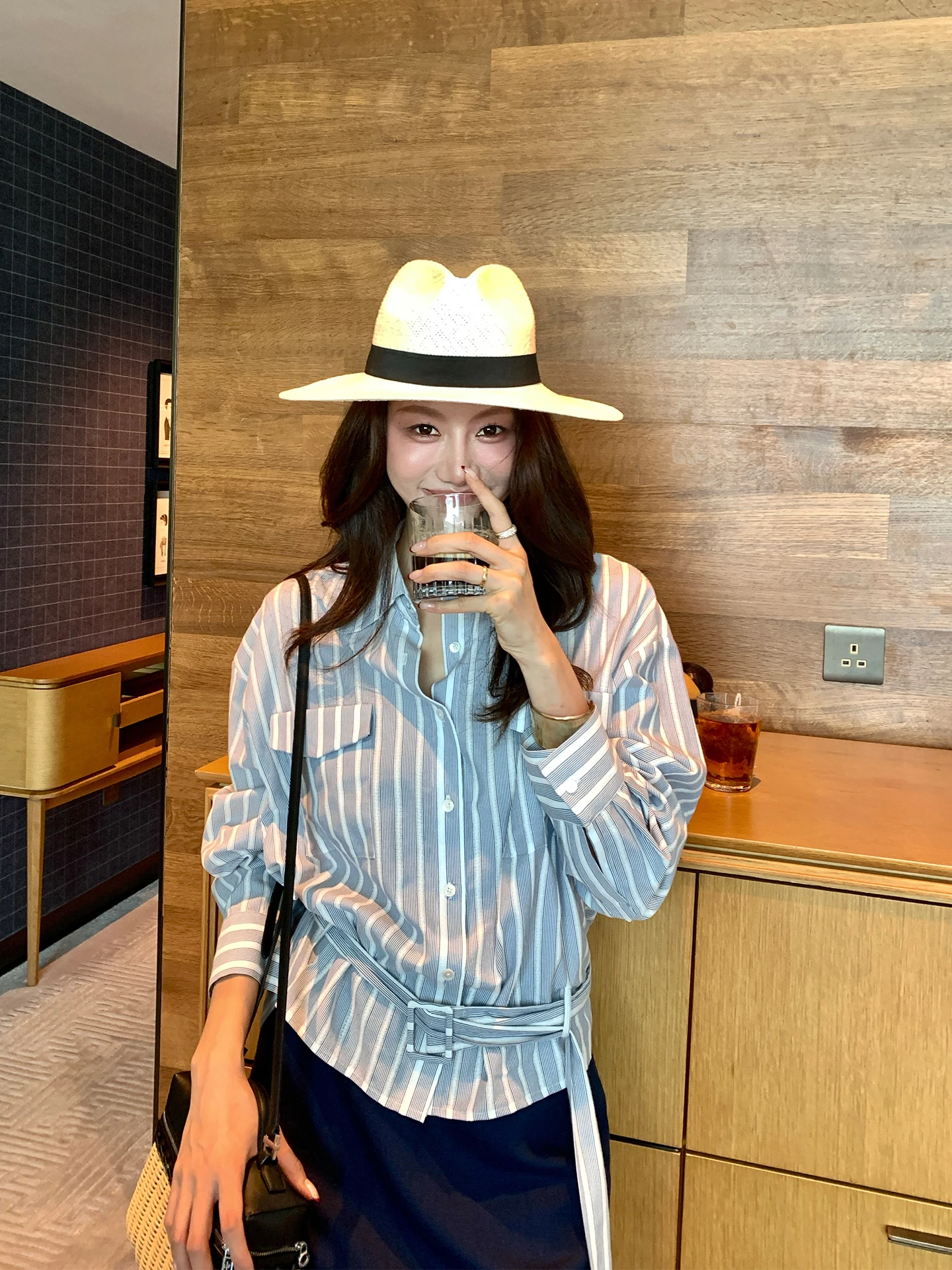 

Dragon Joy Classic Stripe Design Washed Shirt Women's Casual Top Waist Belted A291 Retro Polka Dot Print Long Sleeve Polyeste...