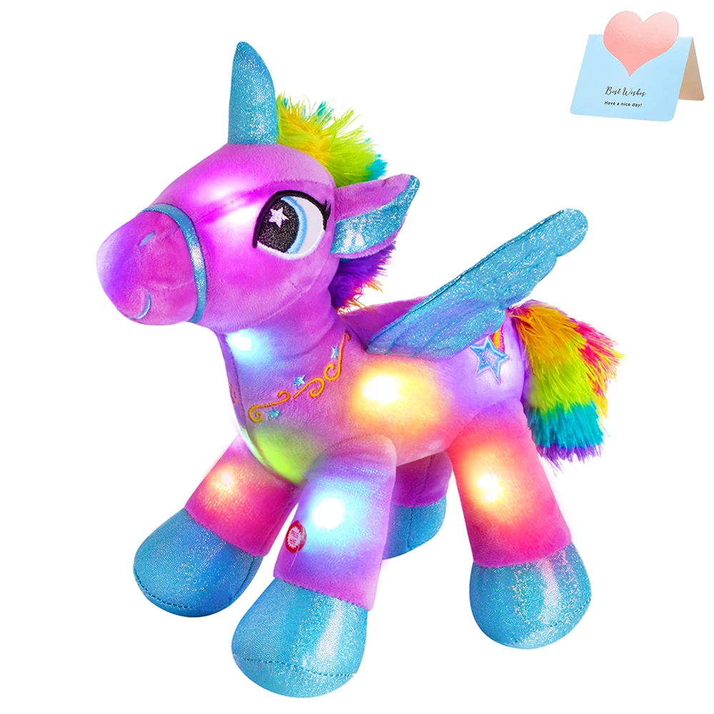 Unicornio de Ángel púrpura con alas, juguetes de peluche suaves, decoración de sofá para el hogar, luz LED, animales de peluche para niñas, juguete