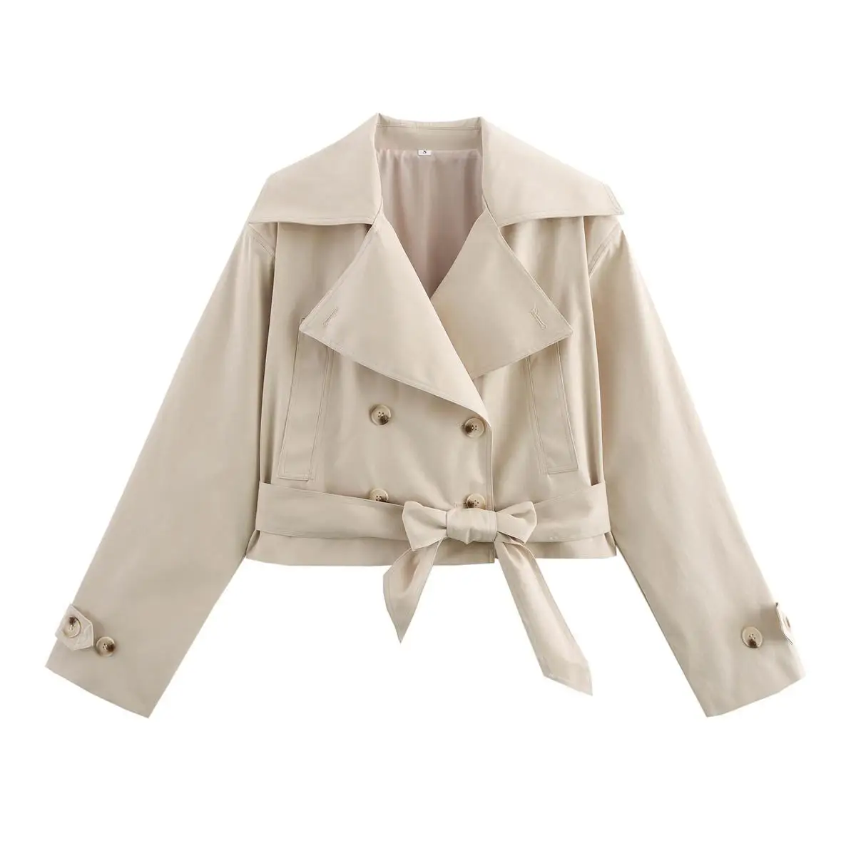 

Spring New Arrival Women's Simple Versatile Long Sve Notch Collar Belted Double Button ort Coat Jaet Outerwear