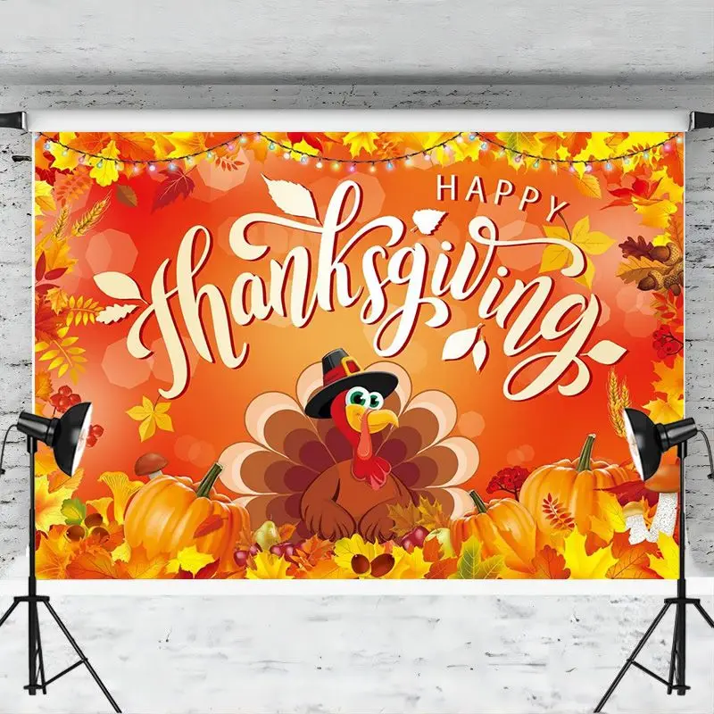 Happy Thanksgiving Backdrop Autumn Harvest Turkey Pumpkin Maple Leaf Photo Background Give Thanks Day Party Decorations Supplies