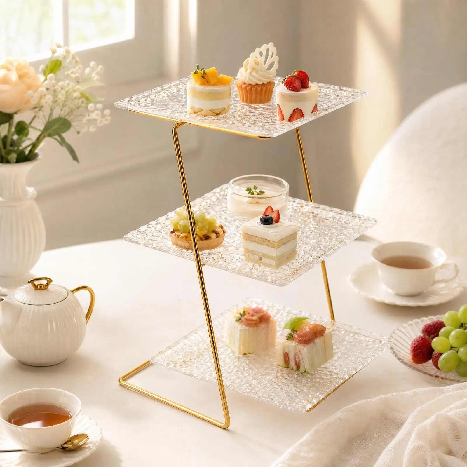 Three-Tier Dessert Display Rack Transparent 3 Tier Serving Tray Stand Space-Saving Tiered Cake Stand with Acrylic Trays for