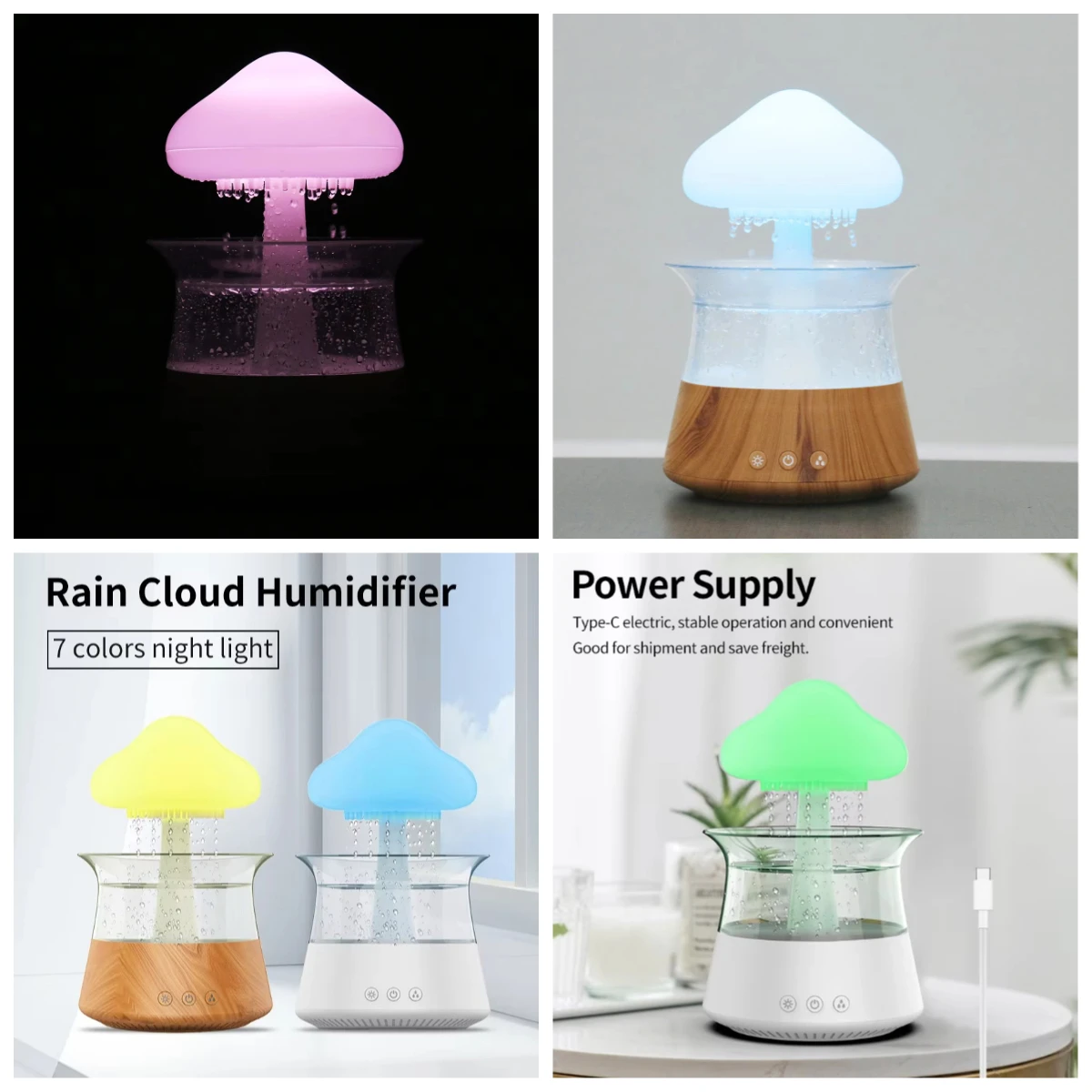 Smart Home Water Drop Humidifier, USB Powered with 7 LED Colorful Lights, Intelligent Children's Night Light Decor