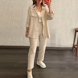 Summer Pants Set Women Suit Summer Outfits for Women 2024 New Loose Button Long Sleeve Shirt Cropped Pants Casual Two Piece Set