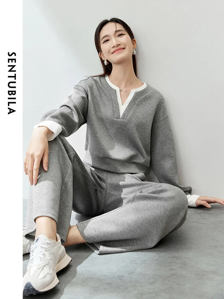 

SENTUBILA Contrast Tracksuits Women Pant Sets Cropped Sweatshirts Wide Leg Sweat Pant 2025 Spring Sports Matching Set 141Z53459