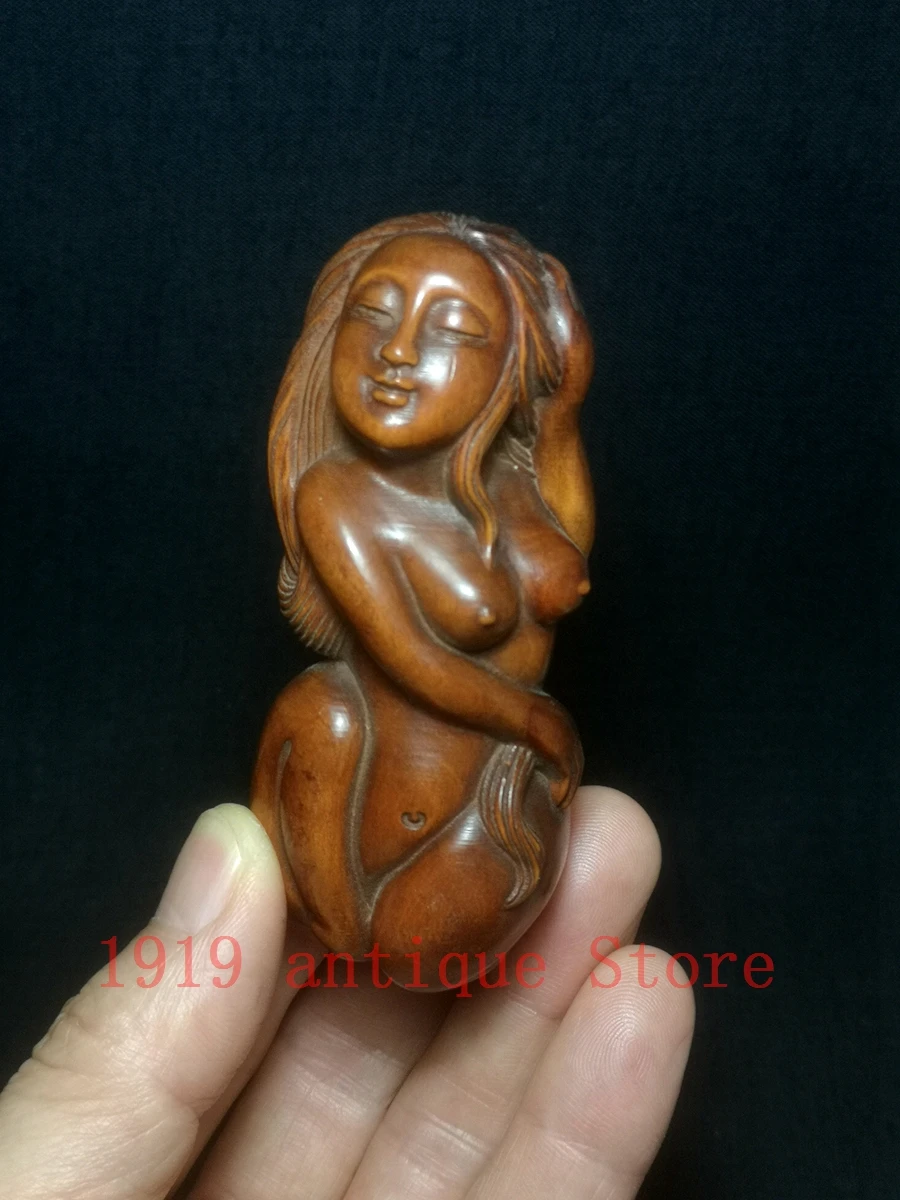 1919 Japanese boxwood hand carved Nude art Belle Figure statue table deco Decoration collectable gift