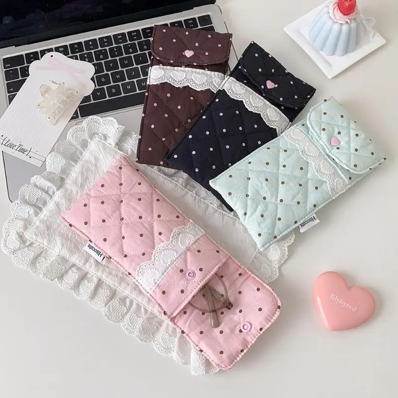 Niedliches Stiftetui mit Polka-Dot-Muster, gesteppte Brillentasche mit Spitzenbesatz, weiches Schutzfutter, tragbare Aufbewahrungstasche, Schreibwaren-Tasche – Detail 2