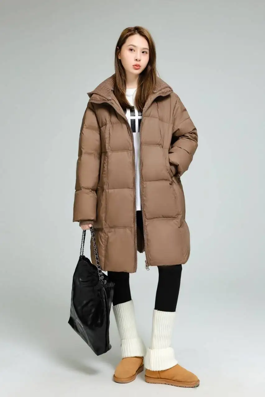 Winter Warm Mid-length Parker Down Jacket Female Knitted Hooded Splice Down Jacket Women White Duck Down Double Zipper Outwears