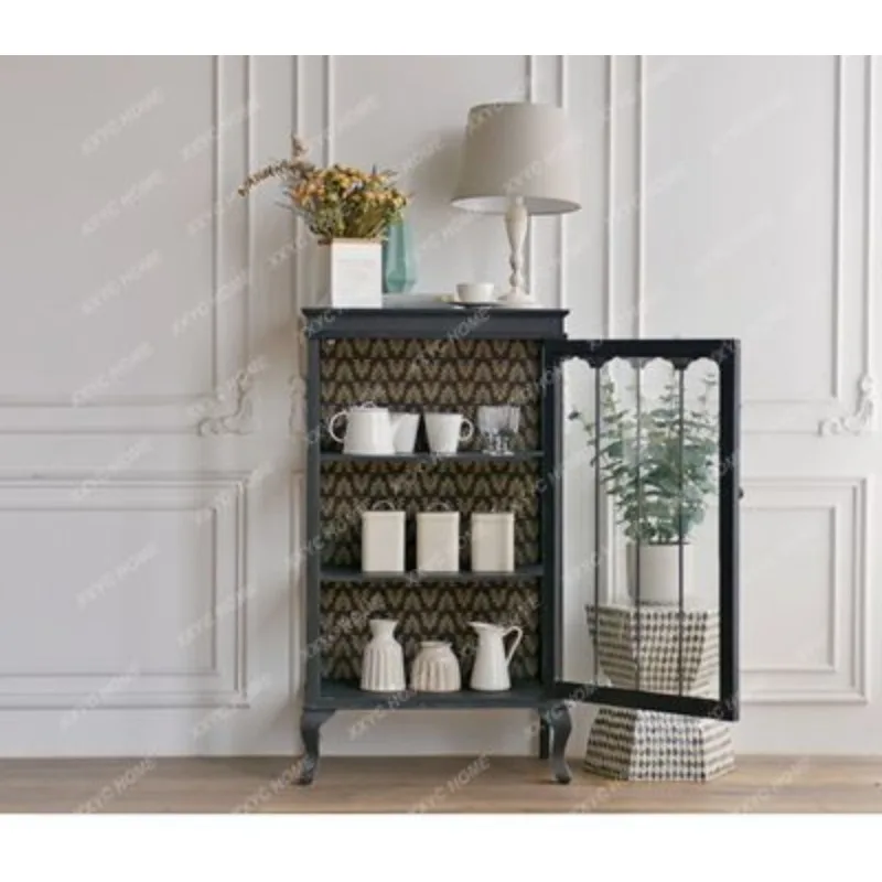 XXFactory Direct  Solid Wood Glass Living Room Dining Side Cabinet Storage Carved Black Glass