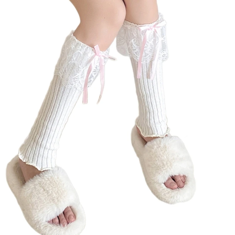 

Women Ribbed Knit Leg Warmer Ruffled Lace Spliced Bowknot Stretch Footless Socks