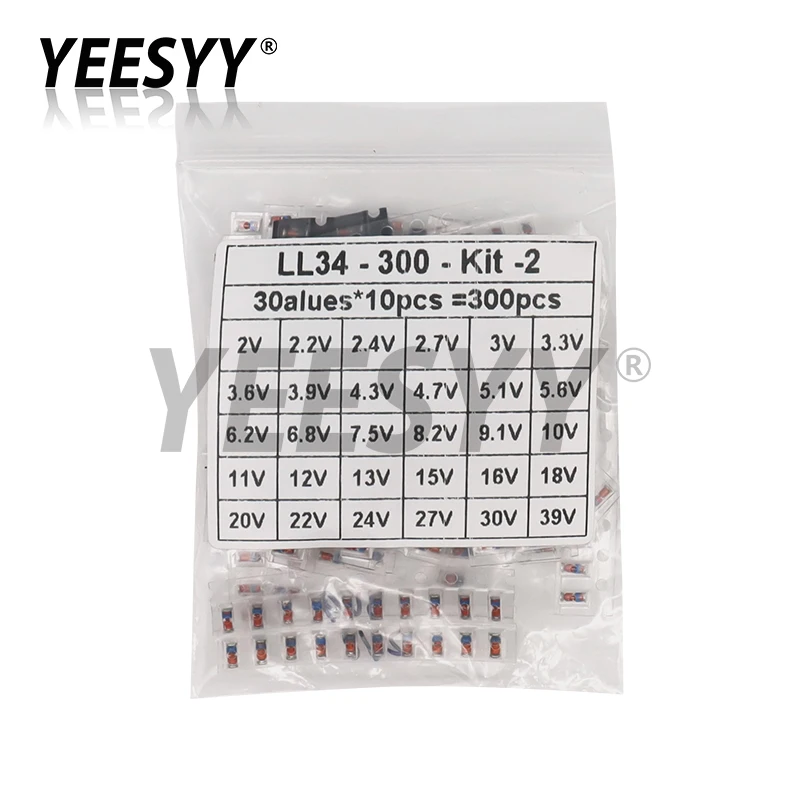 300pcs 1/2W SMD LL34 Zener Diode Assorted Kit 0.5W 2V - 39V 30Values Each 10pcs DIY Sample Set