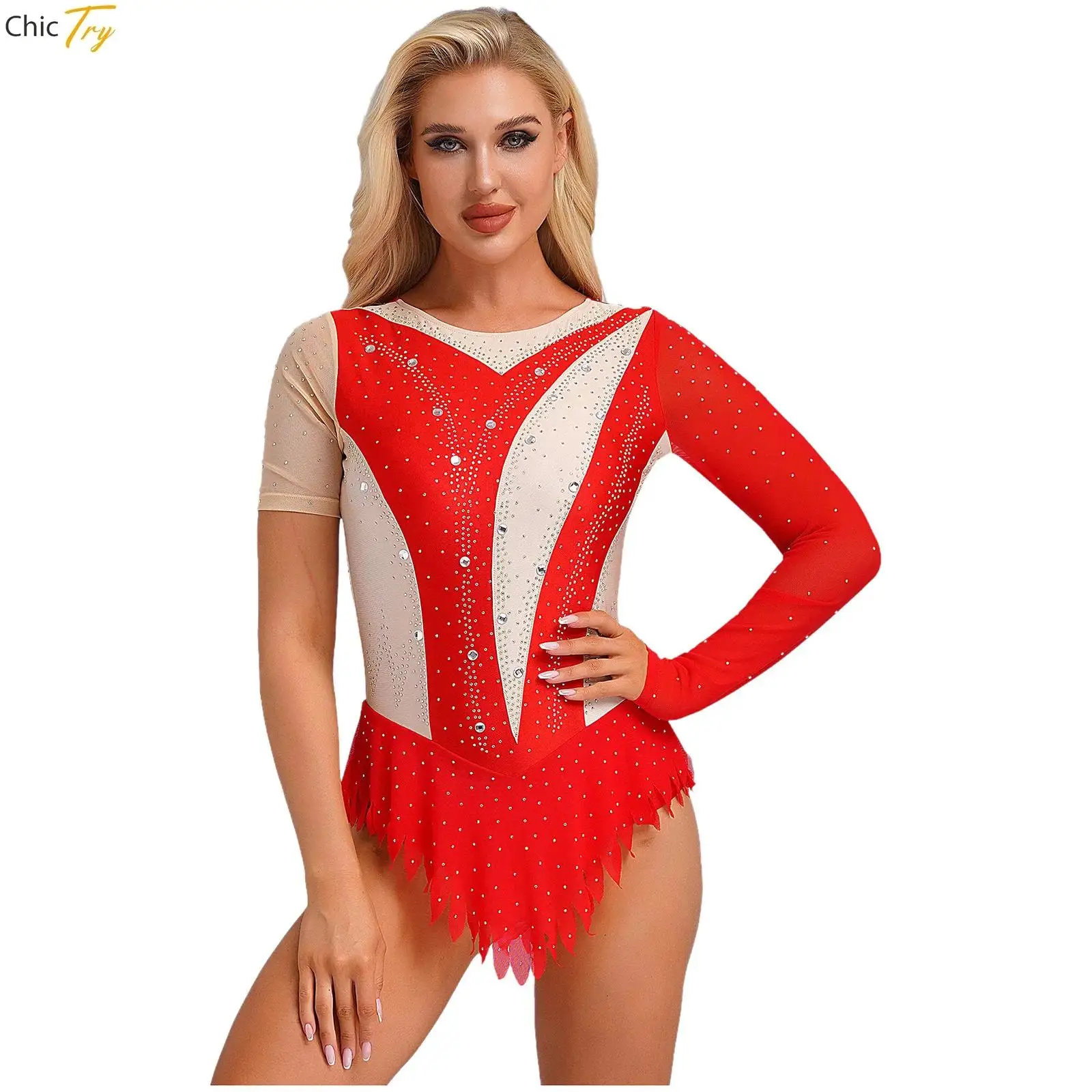 Vestido feminino contemporâneo de dança lírica, patinação no gelo, ginástica, strass, vestidos collant para performance, show de palco