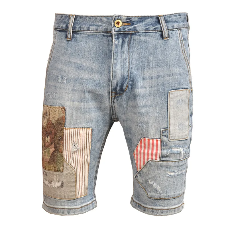 Summer thin patchwork embroidered printed denim shorts for men, slim fit trend, fashionable and casual five quarter pants