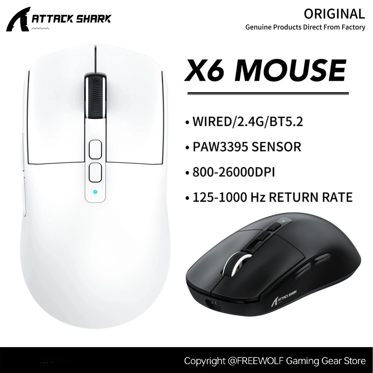 Attack Shark X6 Gaming Mouse and Charging Base,2.4G Wireless & BT5.2 Connection,PAW3395 Sensor,1000 Hz,26000DPI,TTC Encoders