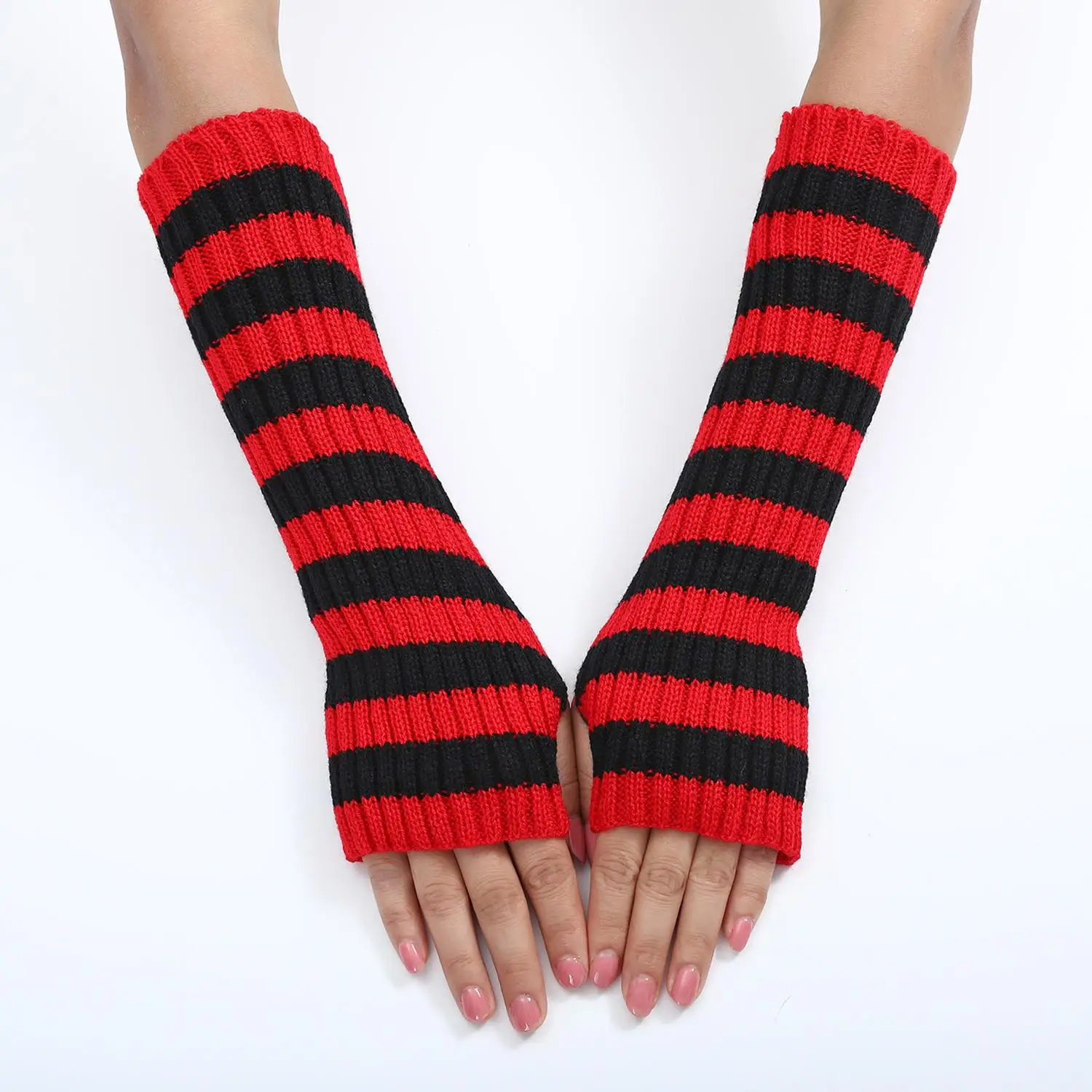 1Pair Fashion Striped Elbow Gloves For Women Girls Solid Color Arm Long Half Finger Arm Sleeves Warm Elastic Gloves Gifts