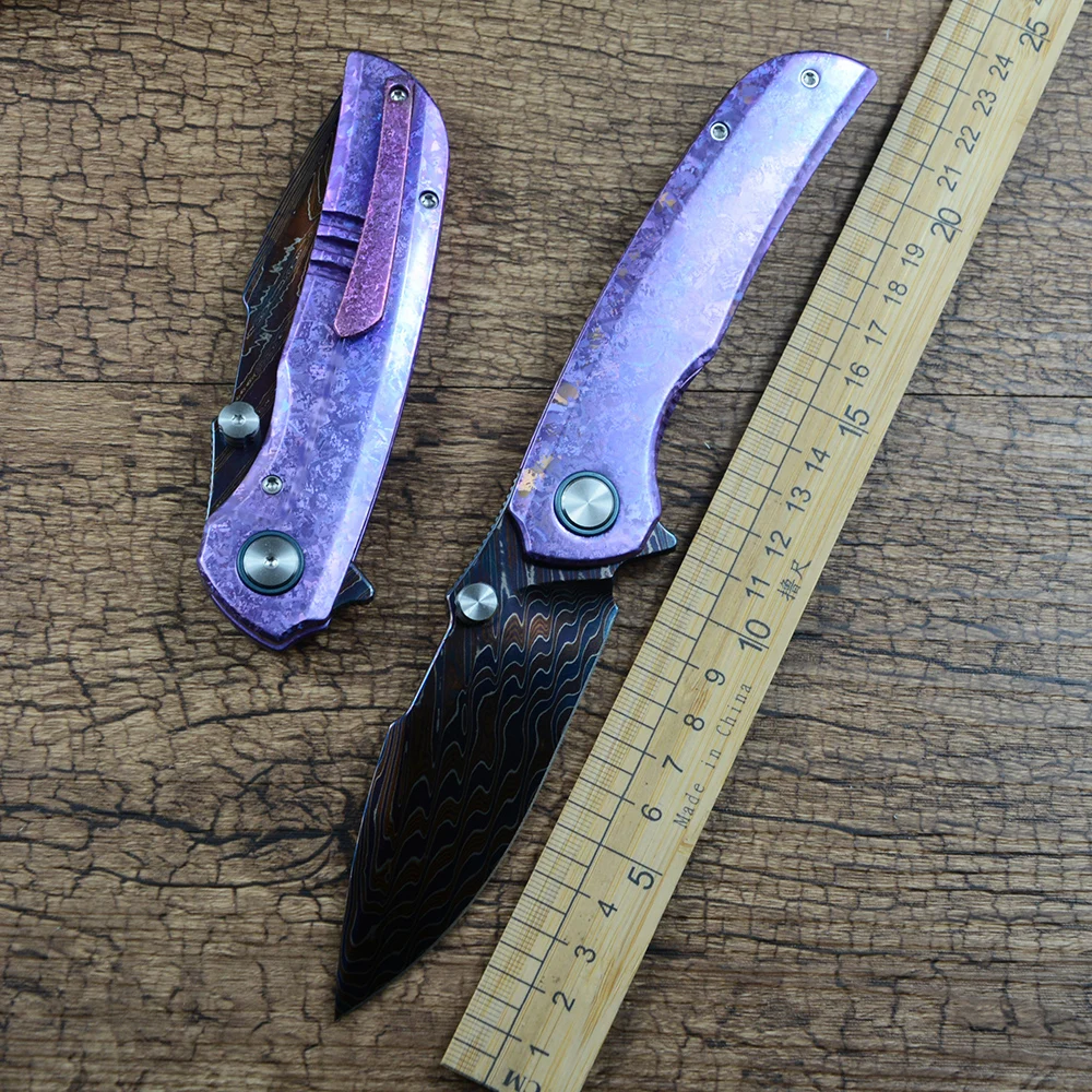 Y-START Damascus Blade Pocket Knife Ice Crystal Pattern TC4 Handle For Outdoor Hunting Daily Gift Collection YF09