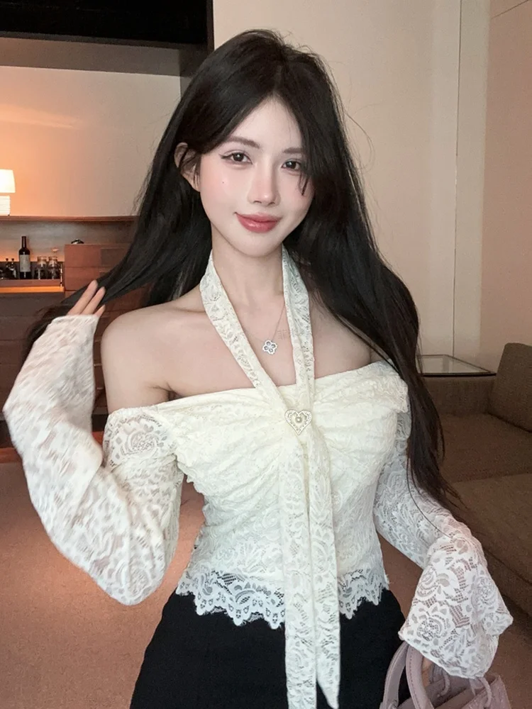 

Элегантный летний топ в стиле Pure Desire с одним открытым плечом, рукавами-колокол и кружевной отделкой, сексуальный, укороченный, облегающий, женская модная новинка