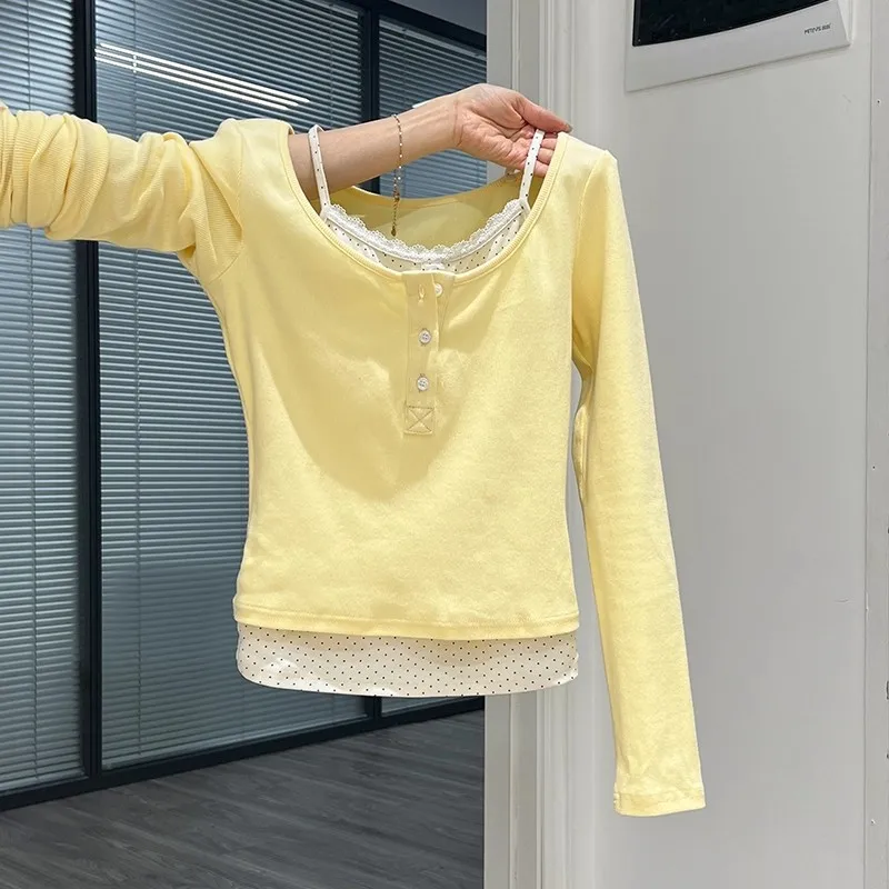 2025 New Women's Slim Fit T-irt with Floral Collar And Chest Pad ey Splice Design Comfortable  Long Sve ort Le...