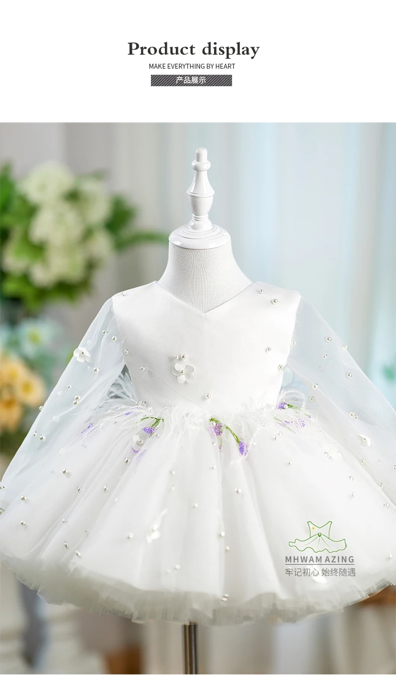 Gaun Putri Bayi Gaun Satin Mutiara Gaun Pesta Anak-Anak dengan Pita dan Jaring Lengan Panjang untuk Ulang Tahun