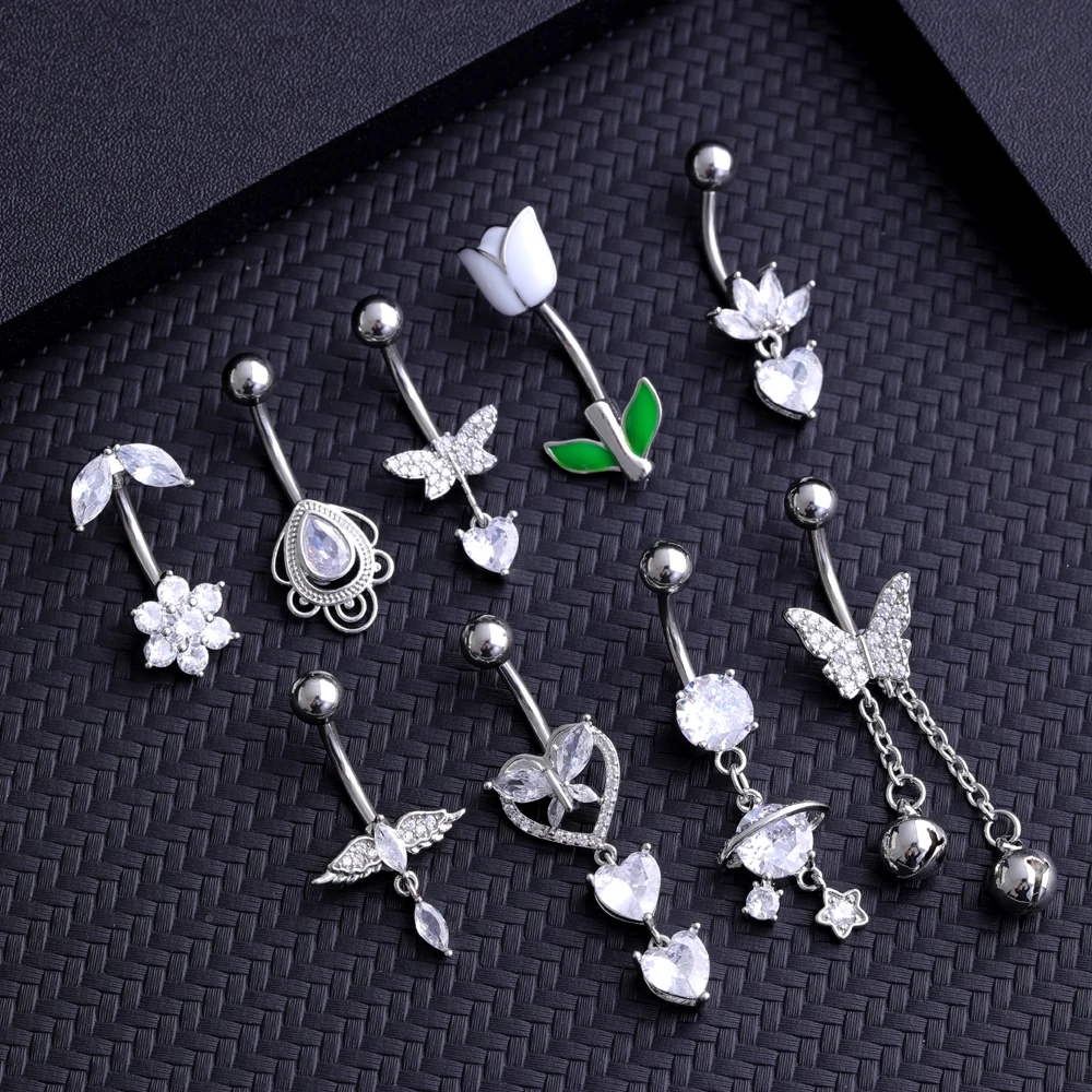 14G Heart Flower Shaped Navel Piercing Ornament Water Drop Belly Button Piercing Pendant Belly Nombril Piercing Women Jewelry