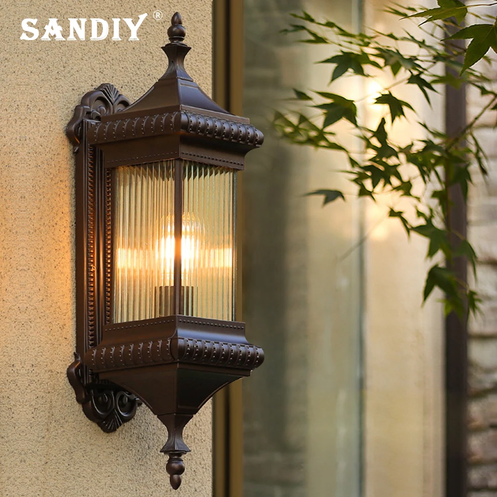 SANDIY Vintage Outdoor Wall Light Retro Porch Lamp Europe Villa Sconce Waterproof Exterior Garden Yard Luminaire Coffee E26/E27