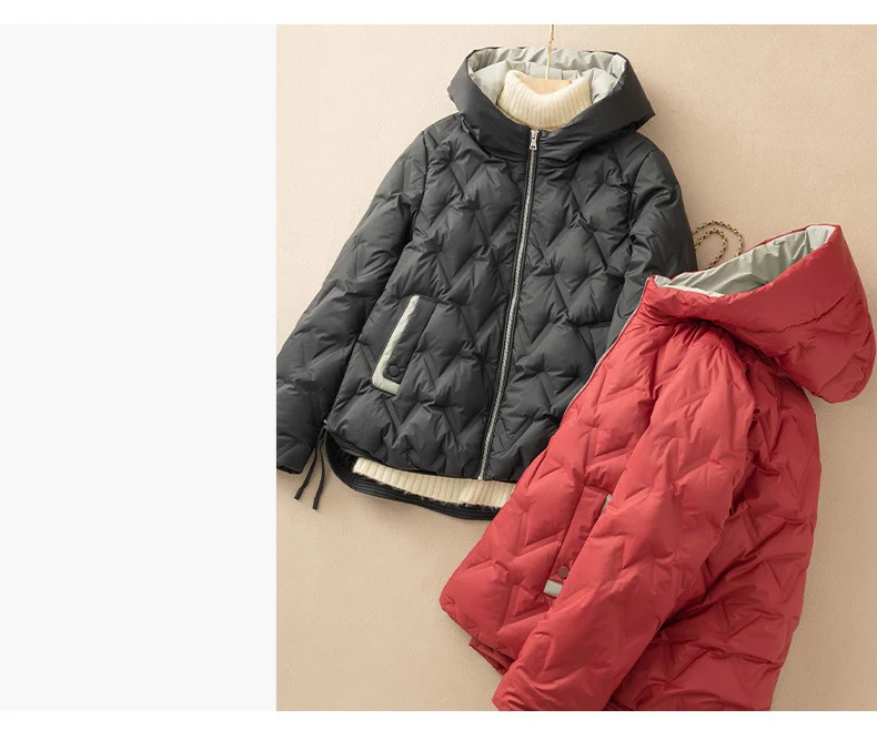 Schinteon Women 90% White Duck Down Jacket Loose Casual Autumn Winter Outwear Patchwork Coat with Hood 2026 New Arrival