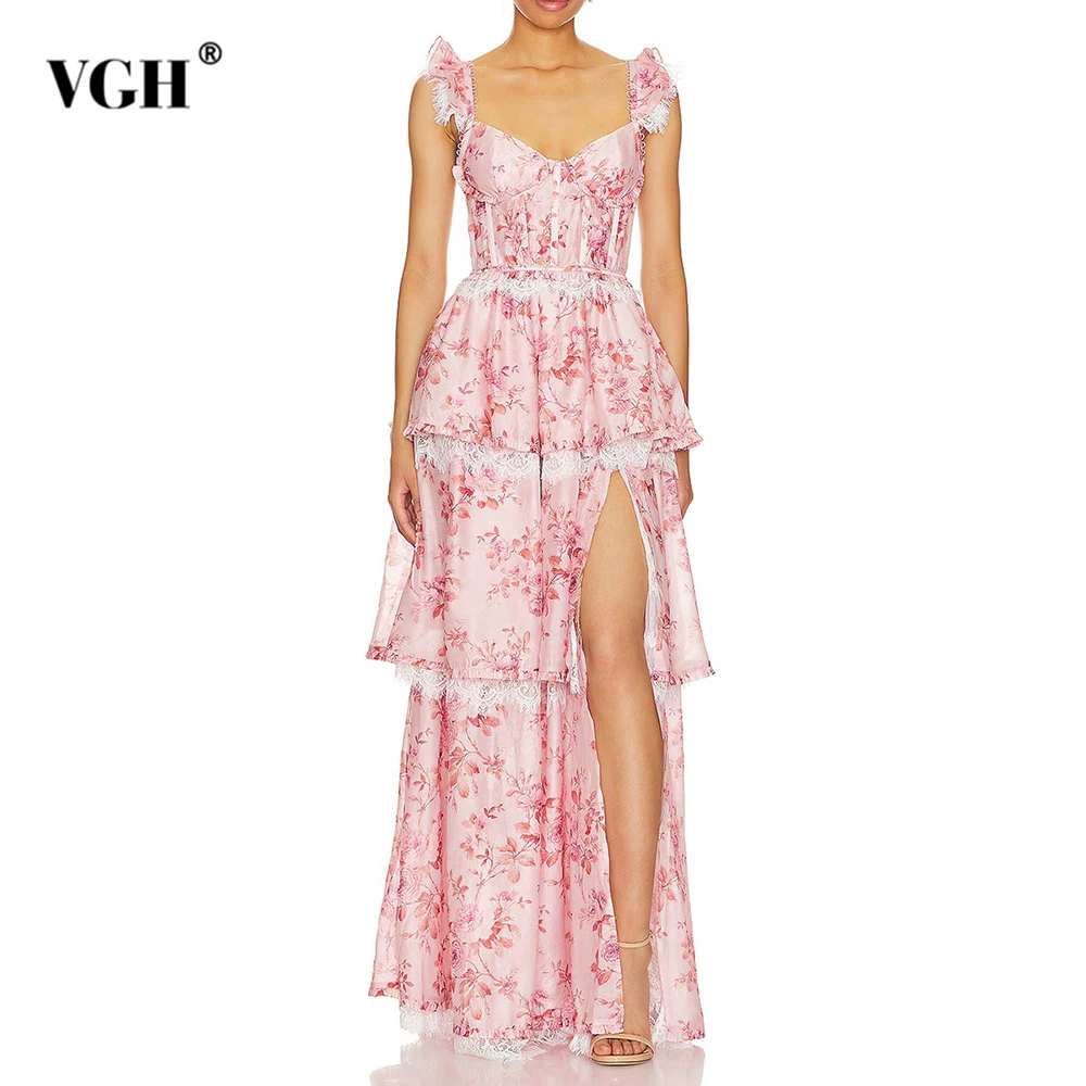

VGH Sexy Party Printed Slimming Dresses for Women Square Neck Sleeveless High Waist Patchwork Ruffles Long Princess Dress Female
