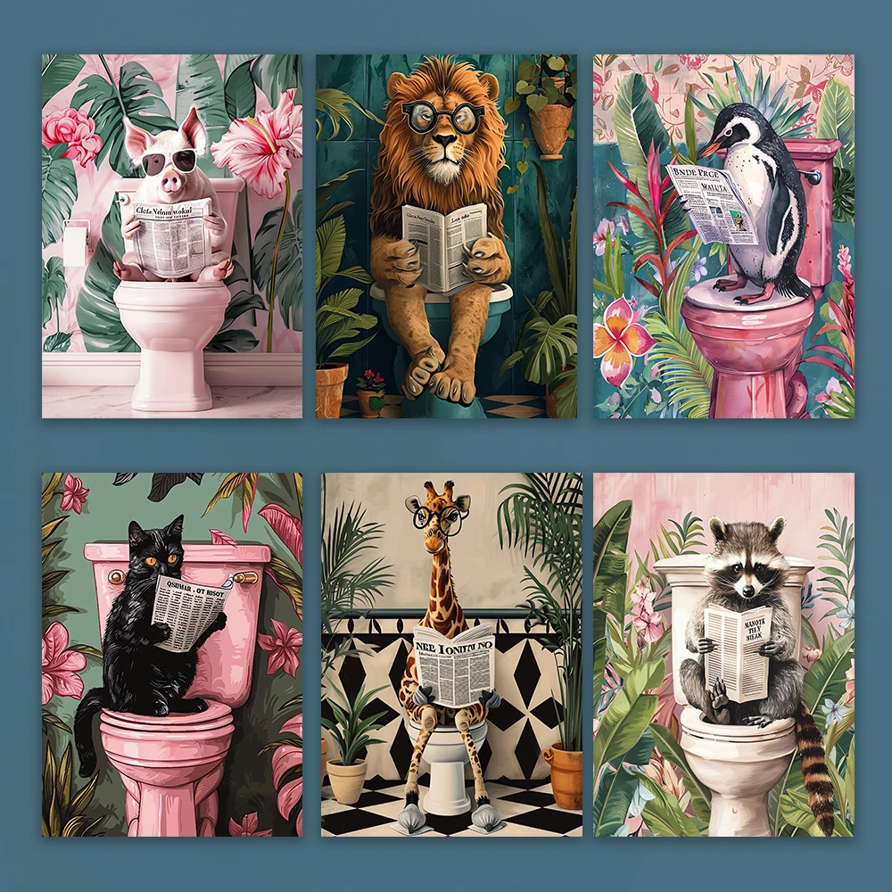 

Giraffe Reading A Newspaper On The Toilet Canvas Wall Art Poster Modern Humor Bathroom Decor Dormitory Room Art Prints