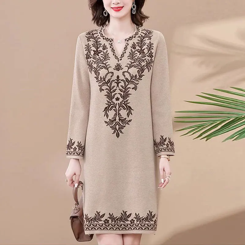 Vintage Printed Stylish V-Neck Knitted Midi Dress Autumn Winter Commute Long Sleeve Women\'s Clothing Casual Straight Dresses New