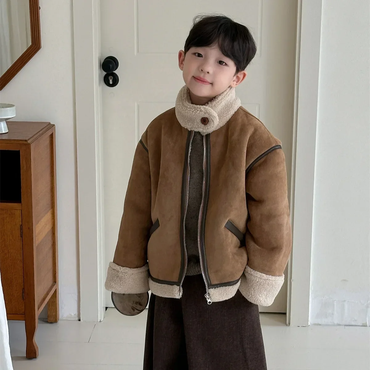 Children Clothes Boys Suede Coat 2024 Winter New Fashionable Simple Fur One Warm Casual Simple Leather Jacket Trend Winter Coat