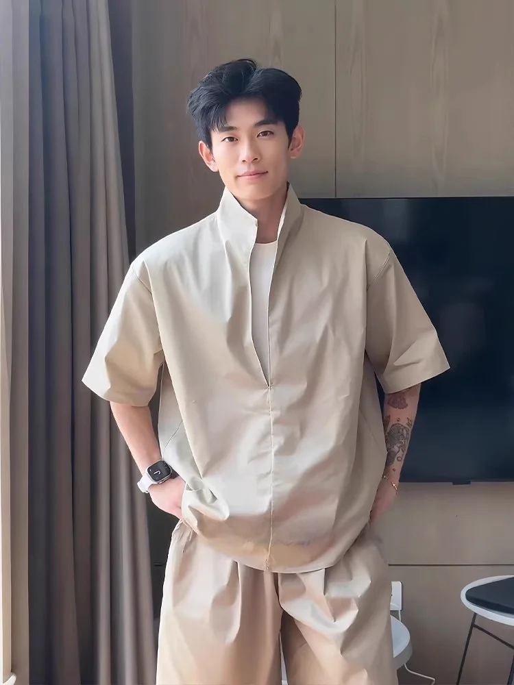 

Cool Haome Men's Faion Set Summer Thin Stand Collar Ice Silk ort Sve irt orts Two Piece Set Nylon Spandex Fiber