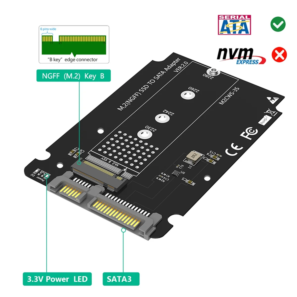 M.2 Adapter to 2.5 SATA Enclosure, B & M Key SATA Based NGFF SSD Converter to SATA 3.0 Card Support 2230 2242 2260 2280JAS