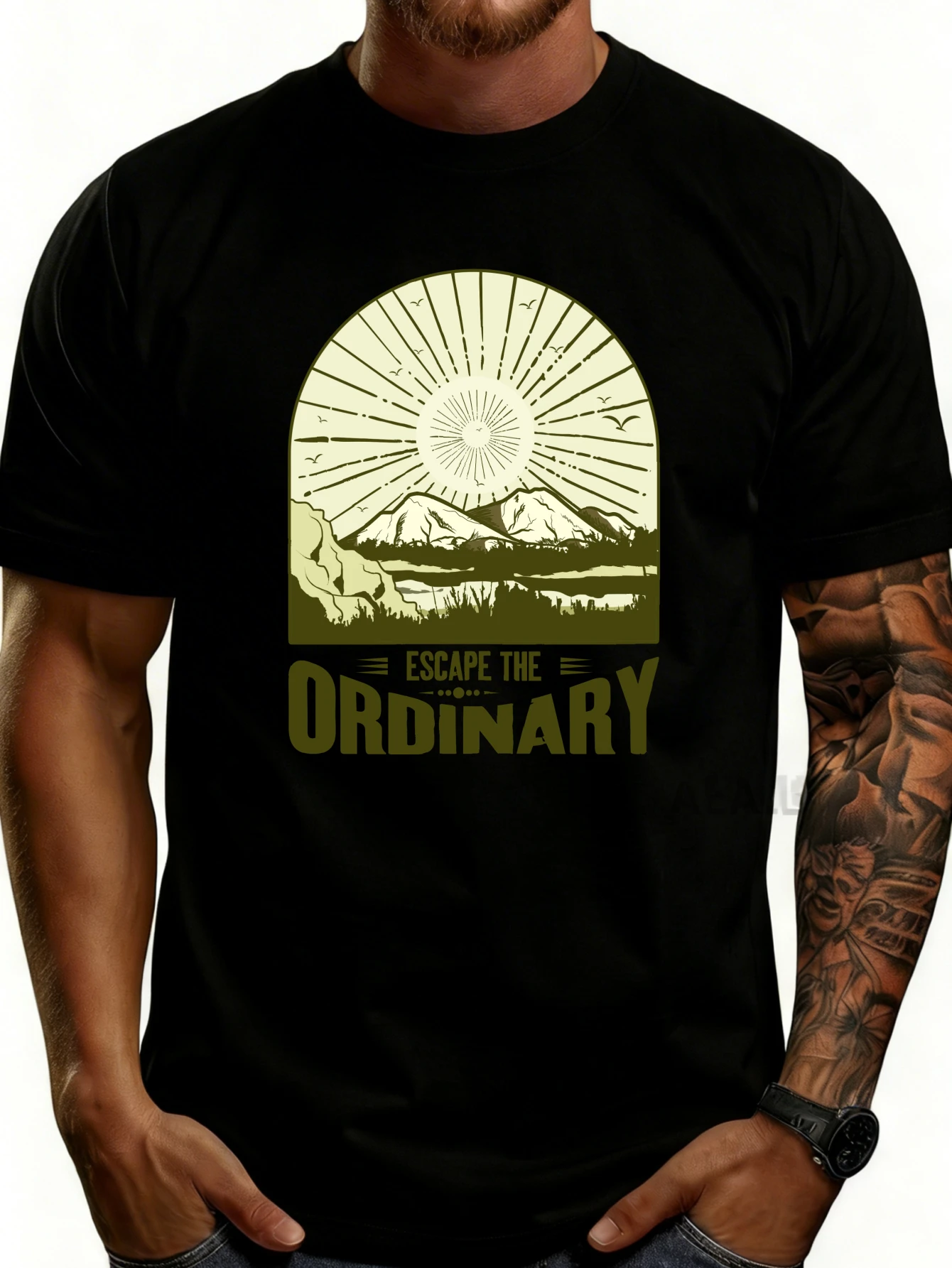 Vintage Adventure-Style Men's T-Shirt with Mountain and Sunrise Design, Escape from the Ordinary with This Outdoor Nature-Inspired Graphic, Perfect for Spring and Summer Wear, Ideal for Travel Enthusiasts and Adventurers, the Perfect Gift for Him.