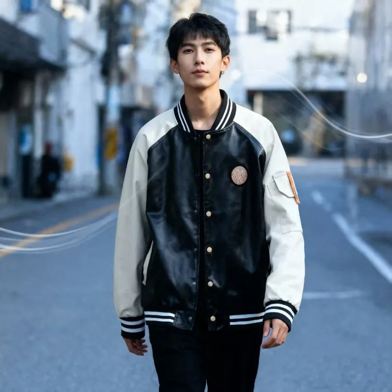 

Куртка унисекс из искусственной кожи в уличном стиле, повседневное пальто для пар в стиле бейсбола, свободная посадка, модная верхняя одежда для мужчин и женщин