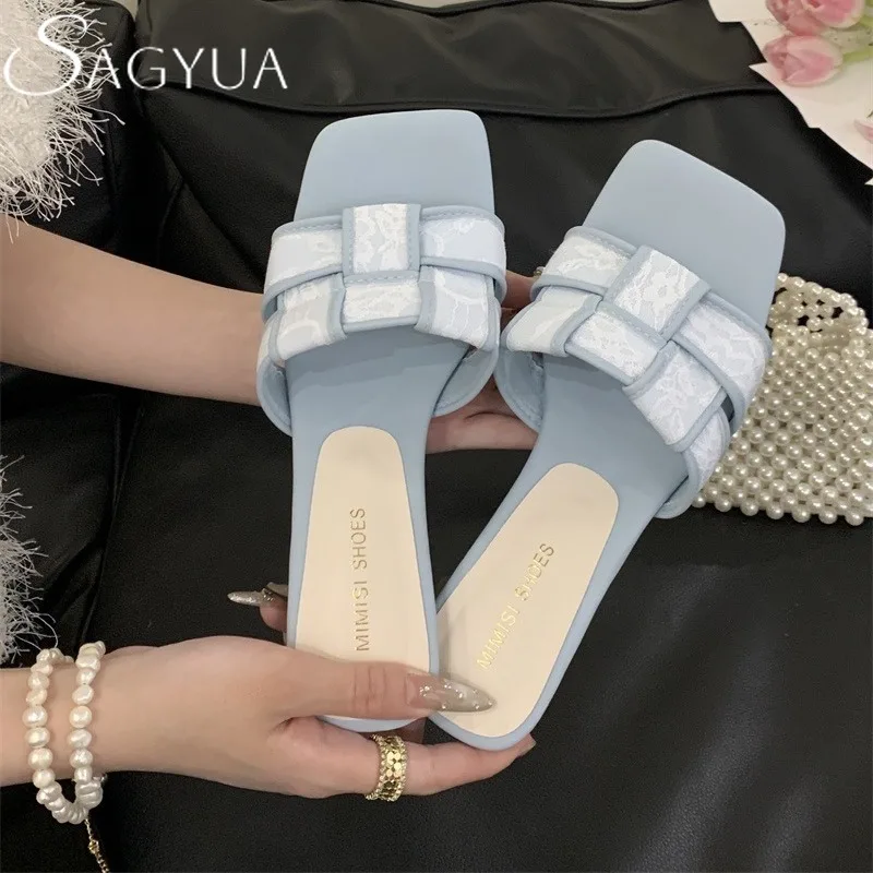 

Square Toe Slippers Casual Women Heeled Sandals Lace High Heels Shoes 2025 Trend Summer Woman Loafers Shallow Pumps Dress Slides