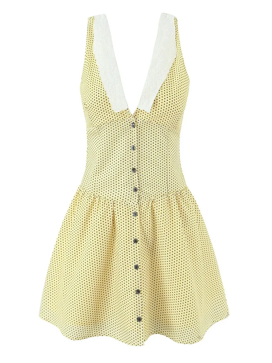 TWOTWINSTYLE Krótka sukienka damska w stylu francuskim casual, dekolt w serek, bez rękawów, dopasowana, łączona, w kropki, sukienki uliczne, letnia odzież damska