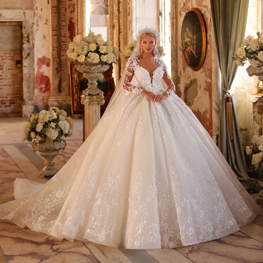 

Одно жизнь, выполненное на заказ блестящее бальное платье с вышивкой, свадебные платья, v-образный вырез, бисер, жемчуг, кружевное свадебное платье принцессы, Robe De Mariage